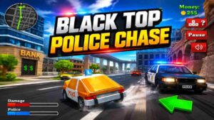Blacktop Police Chase gameplay showing a car driving through city streets while following mission objectives