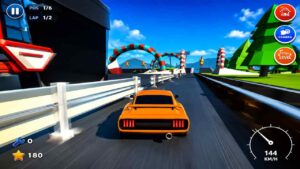 Crazy Cart racing game gameplay featuring an orange car speeding through a colorful stunt track.