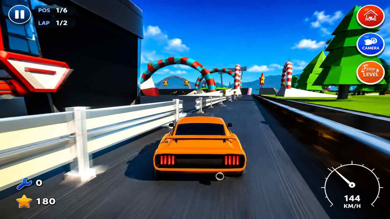Crazy Cart racing game gameplay featuring an orange car speeding through a colorful stunt track.