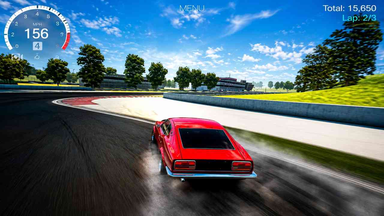 Drift Hunters Game gameplay showing a red drift car racing through a sharp track corner with realistic graphics, tire smoke, and high-speed drifting action.