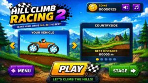 Hill Climb Racing 2 game menu screen featuring a colorful racing interface, vehicle selection, stage options, and countryside background.