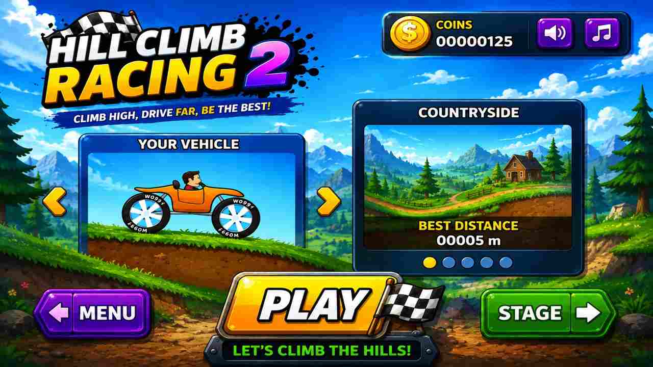 Hill Climb Racing 2 game menu screen featuring a colorful racing interface, vehicle selection, stage options, and countryside background.