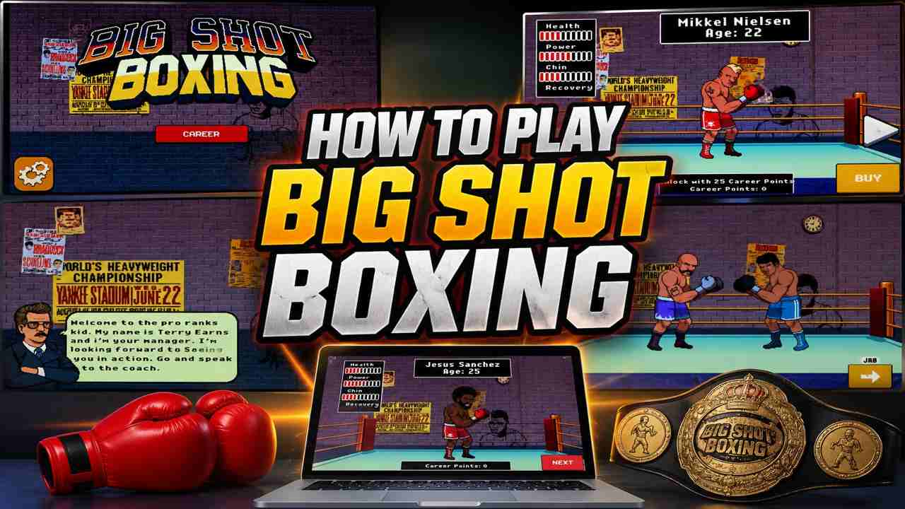 How to Play Big Shot Boxing feature image showing gameplay scenes, boxing characters, career mode, and beginner guide tips.