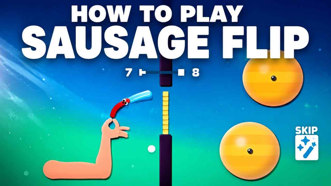 How to Play Sausage Flip gameplay guide featuring LLPGames branding, challenging obstacles, and physics-based flipping action.