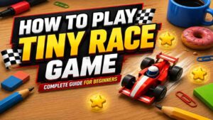 How to Play Tiny Race Game guide featuring a toy racing car on a desktop track with stars, pencils, donuts and beginner gameplay tips