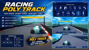 Racing Poly Track gameplay showing a low-poly racing car on a challenging track with multiple racing levels and time-based challenges.