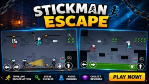 Stickman Escape gameplay poster showing exciting puzzle-solving challenges, enemy encounters, rewards, and thrilling escape action in a high-quality game environment.