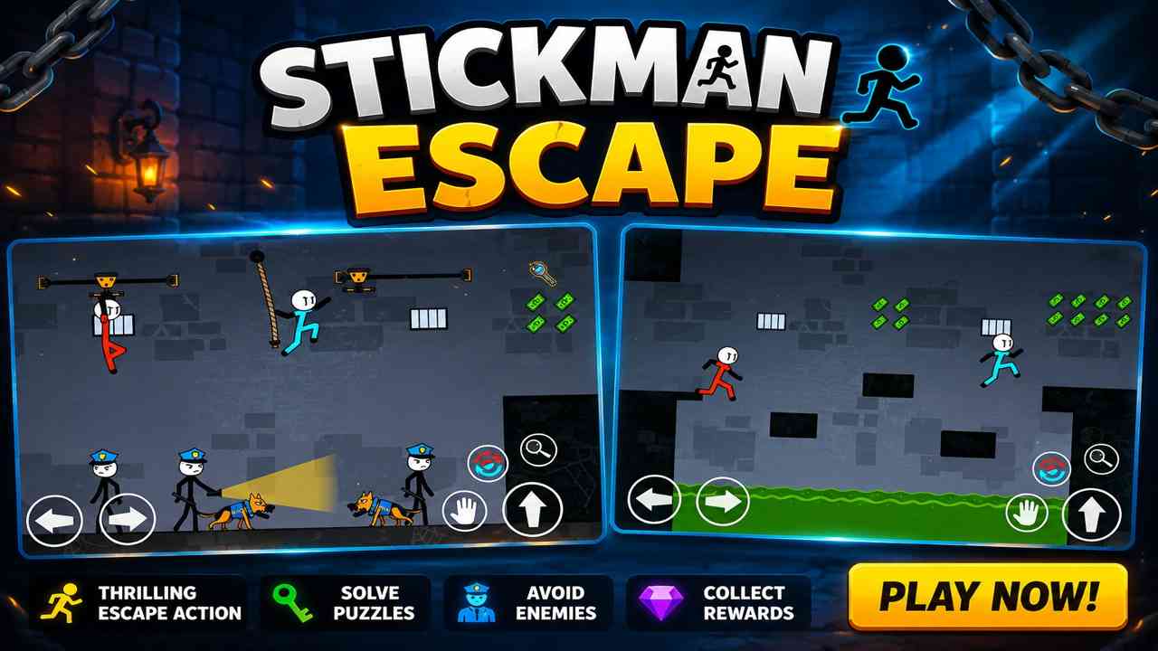 Stickman Escape gameplay poster showing exciting puzzle-solving challenges, enemy encounters, rewards, and thrilling escape action in a high-quality game environment.