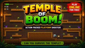 Temple of Boom gameplay screenshot featuring a pixel-art temple arena, platform shooting action, enemies, and fast-paced combat.